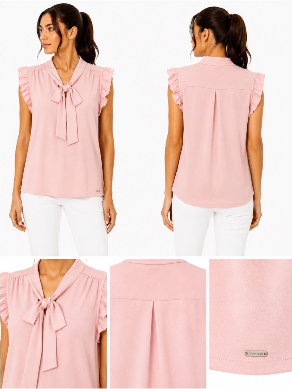 Calvin Klein Pink Tie-Neck Ruffle Cap-Sleeve Blouse size small